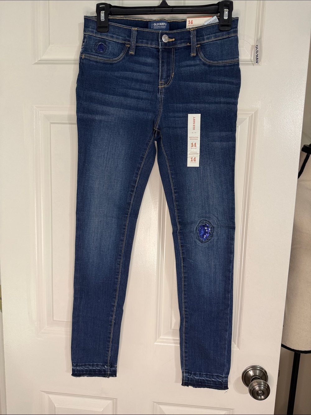 Old Navy Rock Star Dark Blue Girls Slim Jeans with Blue Sequin Patch